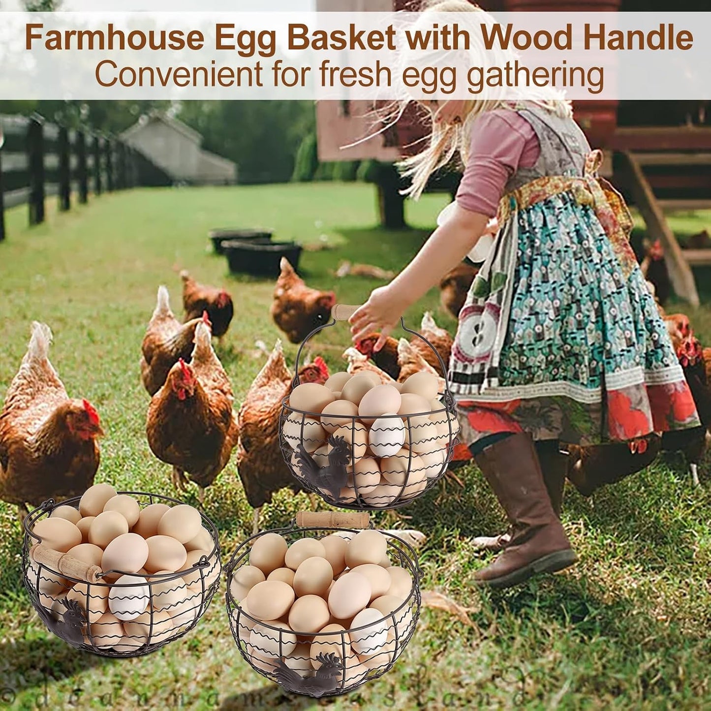 Farmhouse Egg 8'' Basket for Gathering Fresh Eggs, Wire Egg Basket | Chicken Eggs Holder for Countertop Kitchen, Wire Basket with Wood Handle, Vintage Style, Round, Rooster Pattern, Solid Bottom