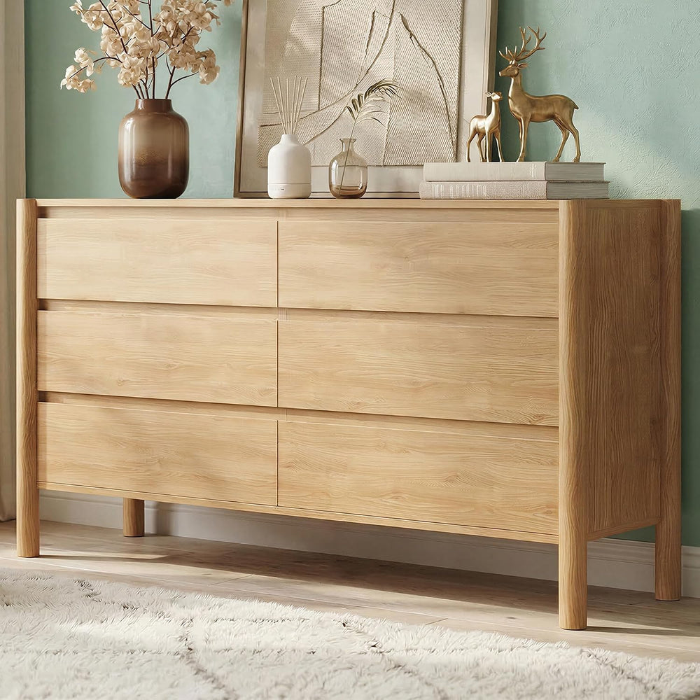 CHUWELL 47.2" Wide Oak 6 Drawer Dresser for Bedroom with Solid Wood Legs