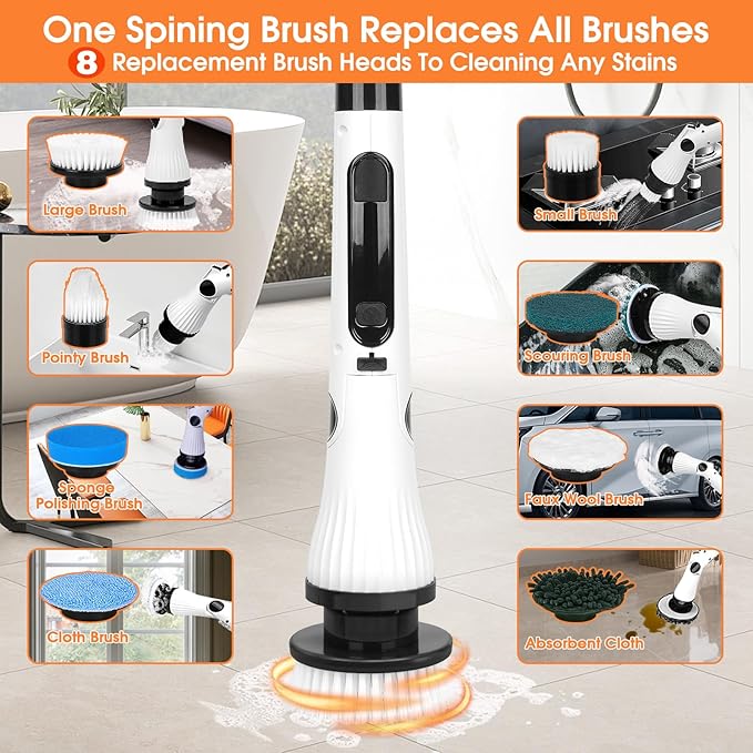 Electric Spin Scrubber, Cordless Cleaning Brush, 8 Brush Heads & 2 Speeds - Image 4