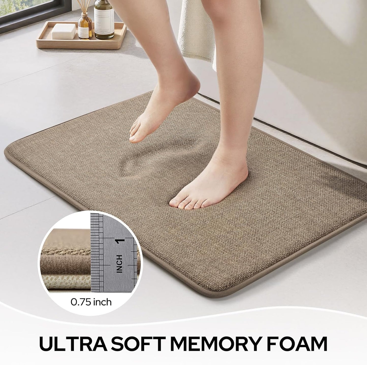 HOMEIDEAS Memory Foam Bathroom Rugs Set 2 Piece, Ultra Absorbent Quick Dry Bath Mats, Linen-Like Boho Bathroom Rug Set for Bath Floor, Shower & Tub (Beige, 32"x20" + 24"x17")