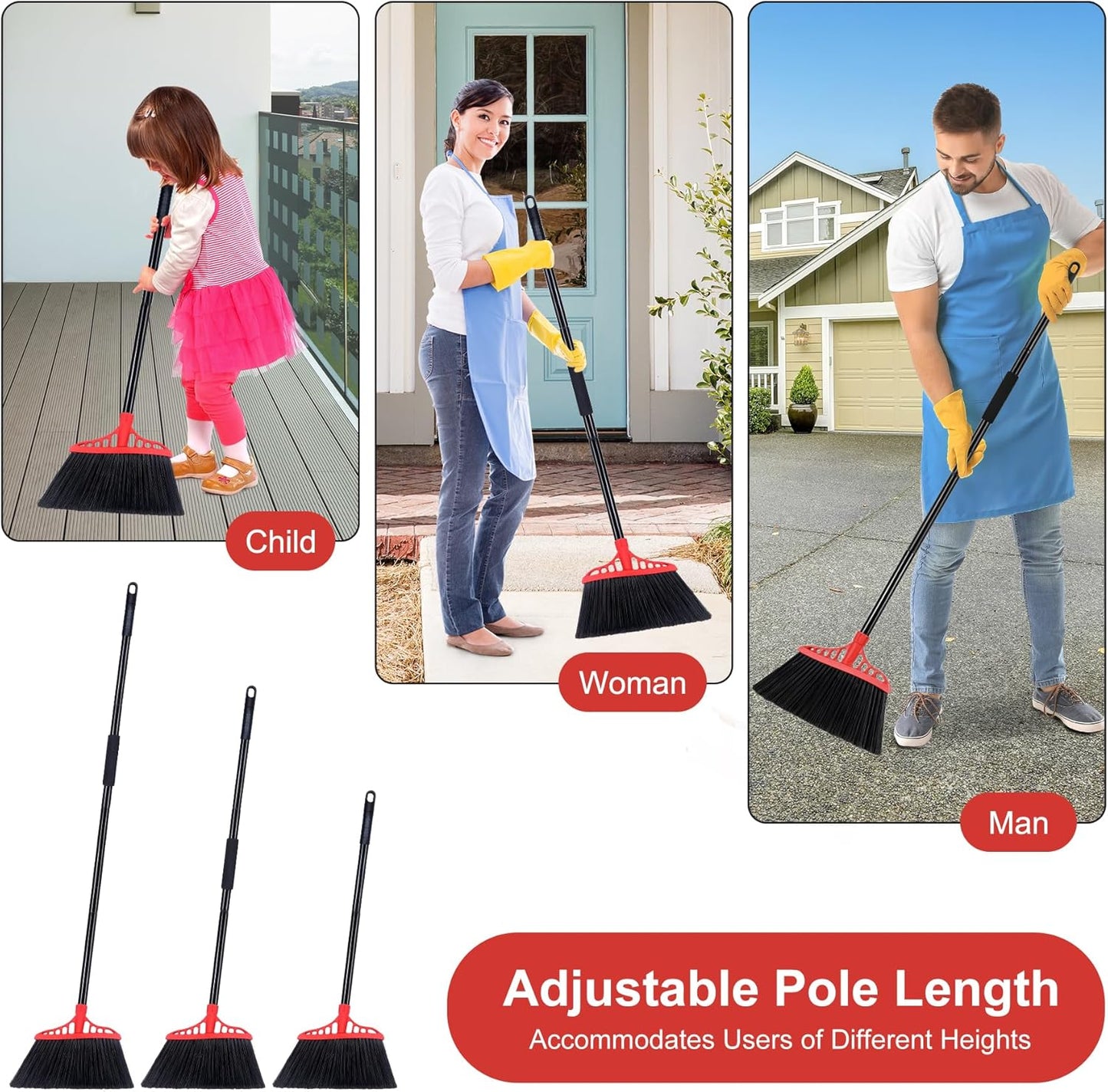 Tiumso Heavy Duty Angle Broom - 55" Adjustable Iron Handle with Stiff Bristles - Commercial-Grade Indoor/Outdoor Broom for Garage, Patio, Kitchen, Sidewalk & Concrete Cleaning (Black & Red)