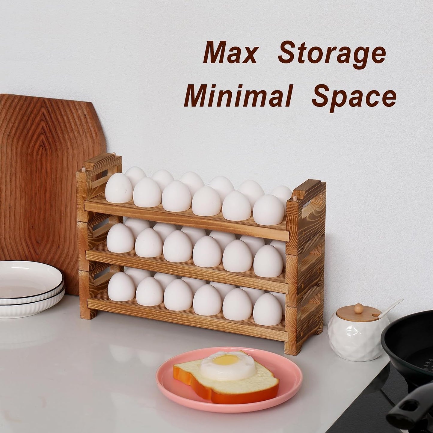 Wooden Egg Holder Countertop, Stackable Egg Organizer, 3-Tier 36 Eggs | Solid natural wood egg holder, farmhouse style. 3-tier stackable saves space. Countertop & fridge use. No chemical coating.