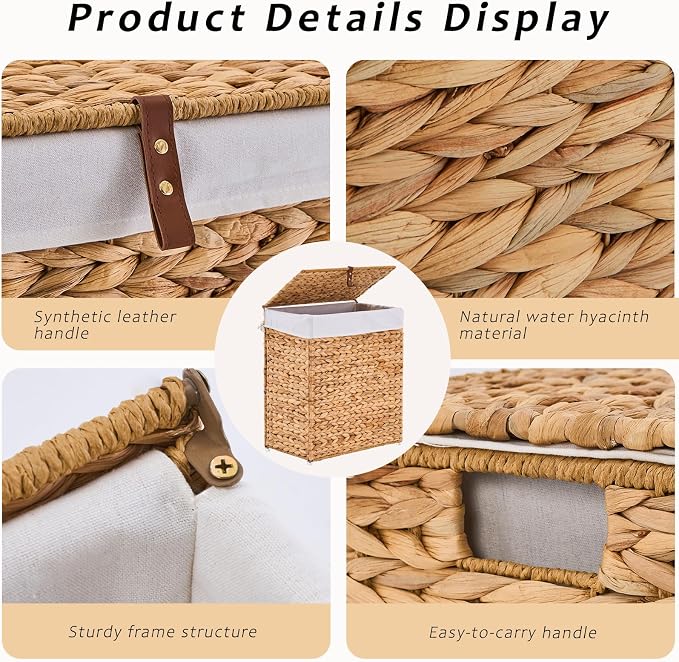 Handwoven Laundry Basket with Lid, Natural Water Hyacinth Storage Basket with - Image 7