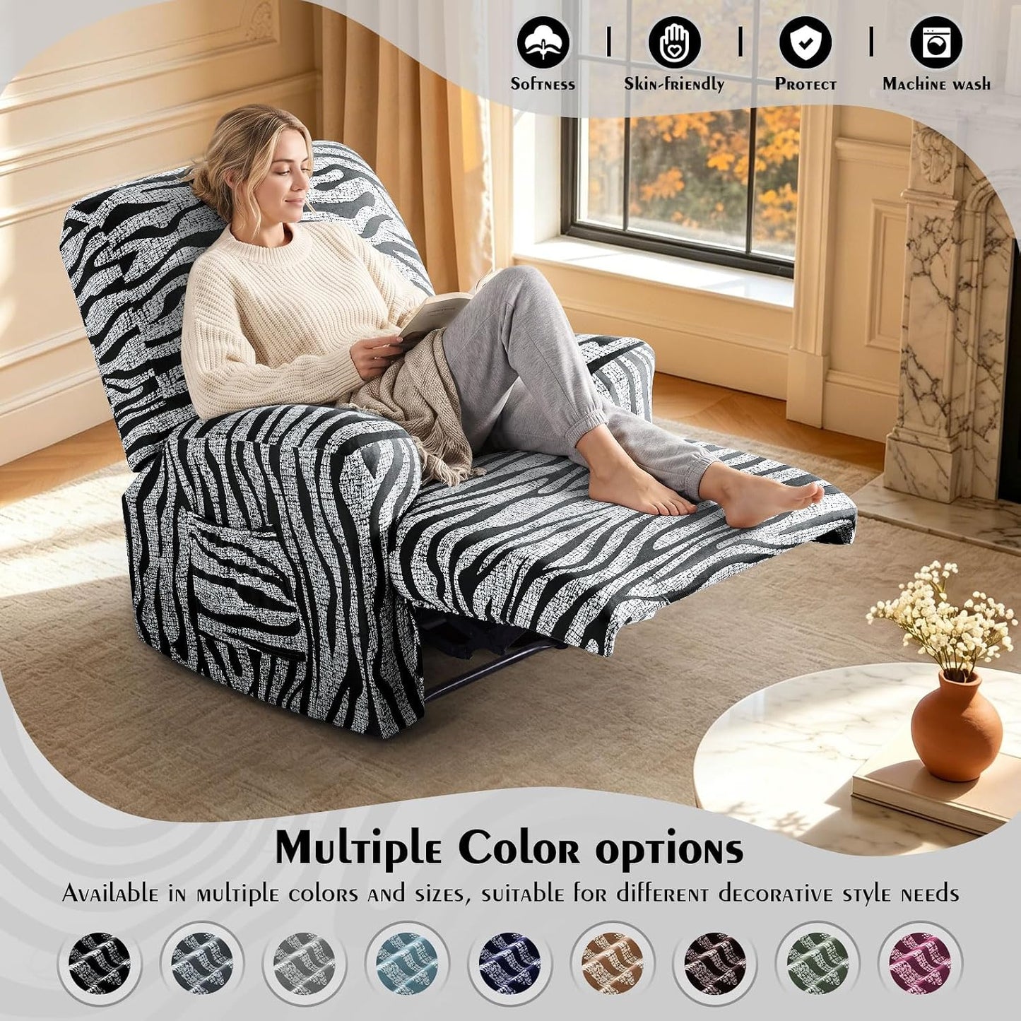 VANSOFY 4-Piece Stretch Recliner Chair Covers, Non-Slip Zebra Stripe Recliner Slipcovers with Elastic Bottom, Washable Furniture Protector for Pet Kids Friendly (1 Seater, Black)
