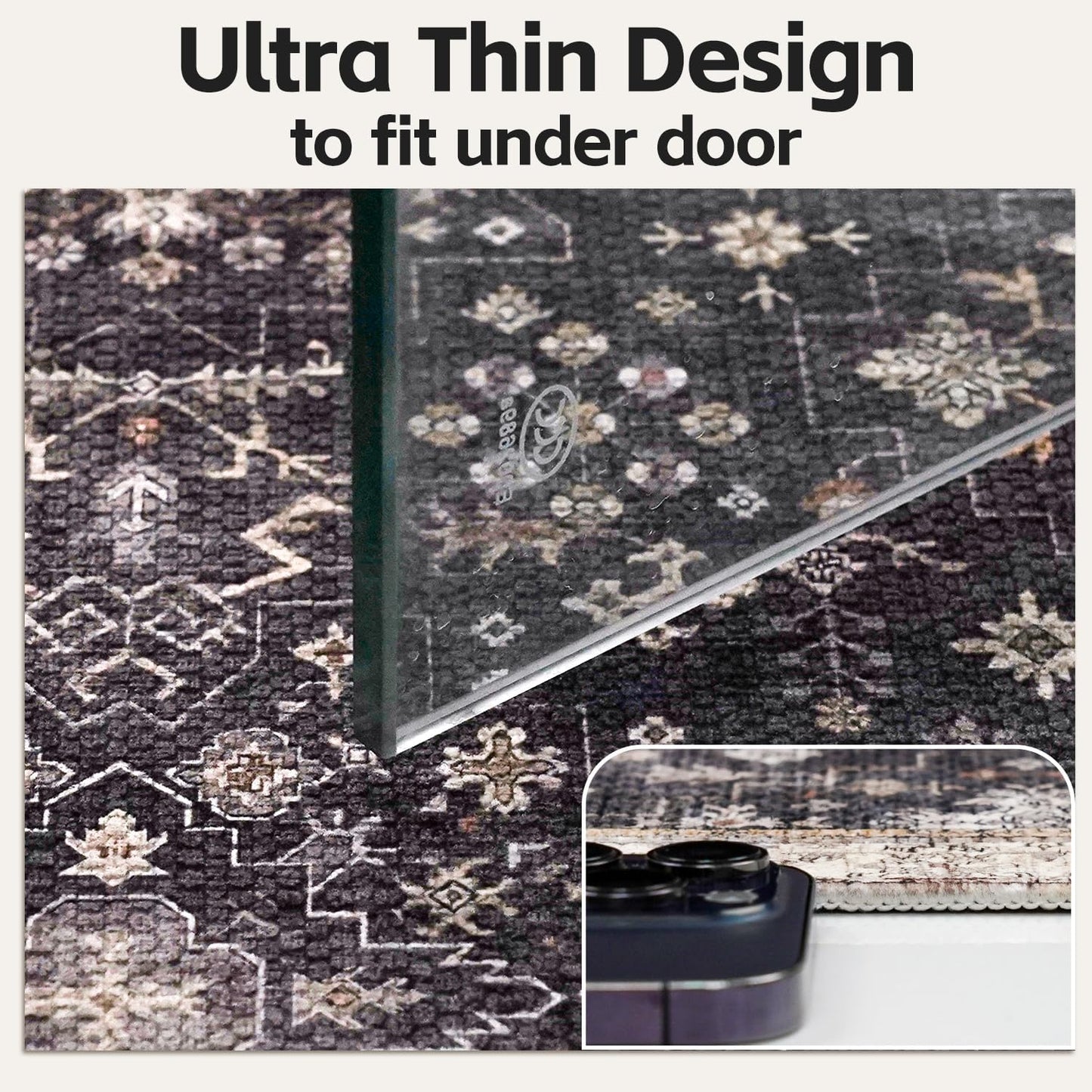 Thin Bath Mats for Bathroom Under Door, Vintage Boho Bathroom Rugs Non Slip with Rubber Backing, Quick Dry Washable Cute Small Bath Rug for Shower, Tub, Sink Floor, Black,1'5"x2'3"