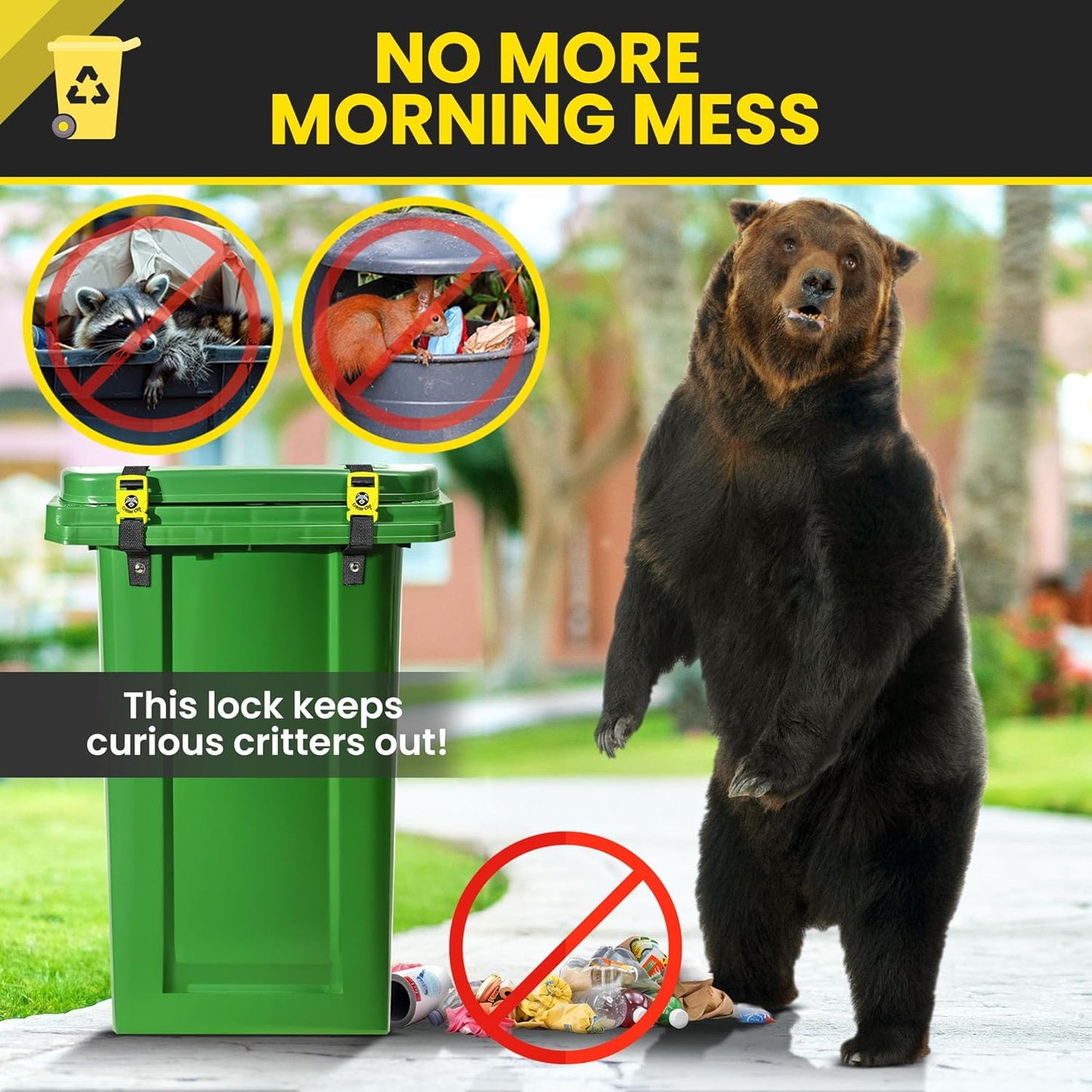 Critter Clip The Original Trash Can Locks for Animals – Heavy Duty Bear Proof Garbage Can Lid Lock Straps with Buckles for Outdoor Garbage Bin, Raccoon Deterrent, Quick Setup in Securing Bins - 2PCS