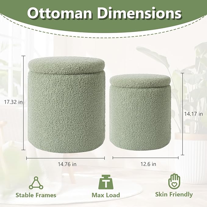 Boucle Round Ottoman with Storage Set of 2, Small Foot Stool Ottoman - Image 3
