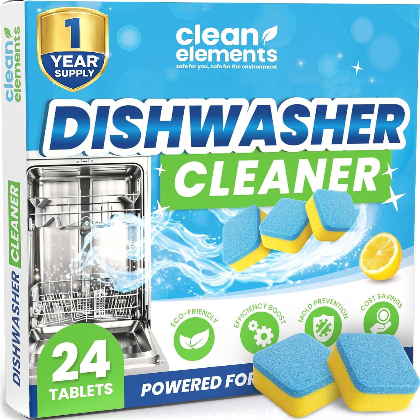 Dishwasher Cleaner Tablets & Deodorizer, Deep Cleaning Descaler, 24 Ct | For Dish Washer Use. Fights Limescale, Hard Water, Calcium & Grease Buildup, Odor Control, Septic Safe, 12 Month Supply