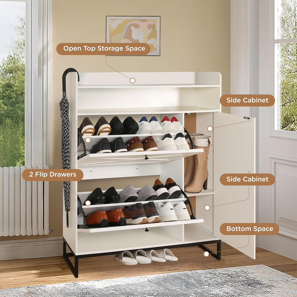 SunSettler White Shoe Storage Cabinet with 2 Flip Drawers