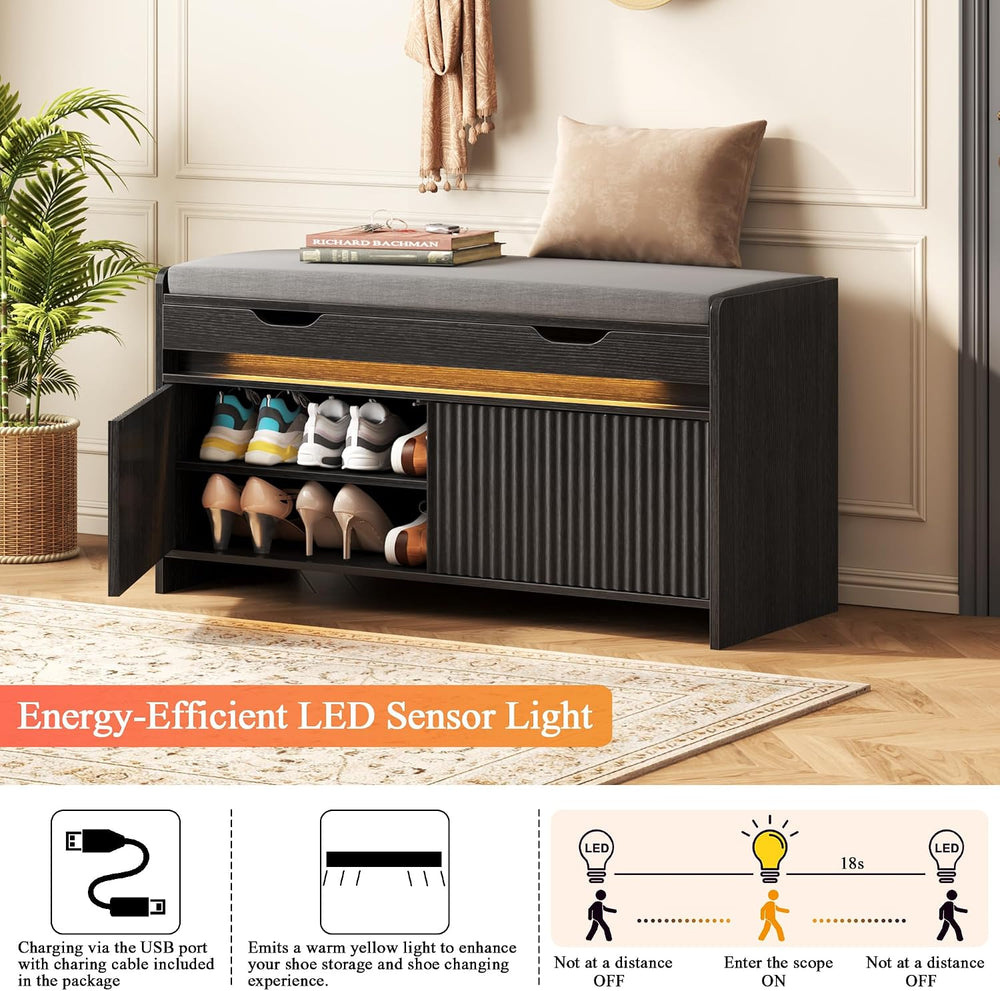 HOMEFORT Shoe Storage Bench, Modern Entryway Bench with Fluted Doors & Bu...
