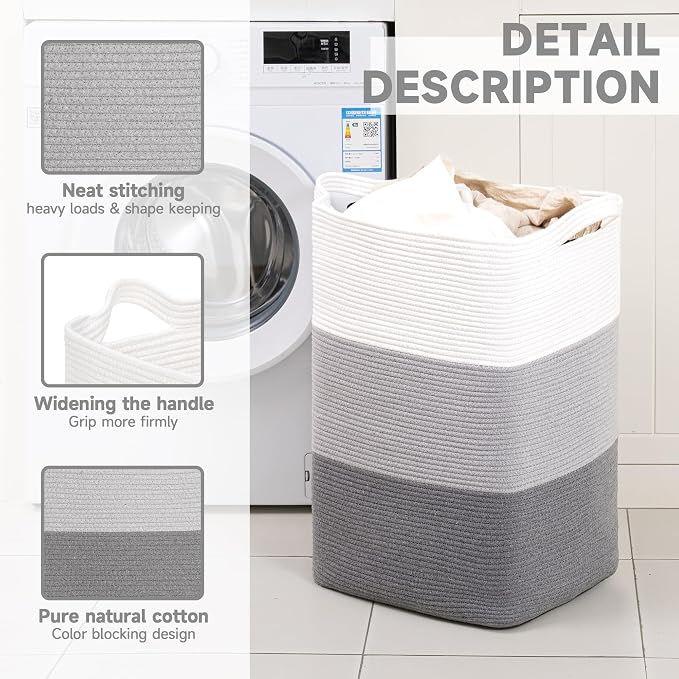 CLHMILY&Z 75L Laundry Basket Rectangular Grey Rope - Image 5