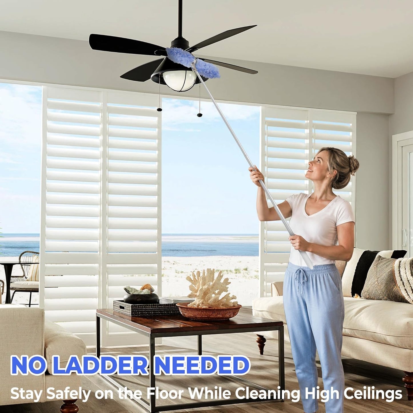 Duster Extended Handle & Long Duster, Compatible with Swiffer, 65.7" Stainless Steel Extension Pole, Locking Angle Fan Duster for Ceiling Fans, Blinds, Tall Cabinets & Home Cleaning Supplies,1 Pack