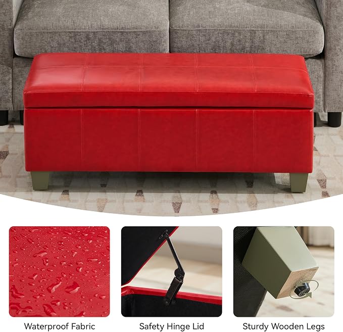 41" Faux Leather Storage Ottoman, Stitch Tufted Rectangle Upholstered End of - Image 4