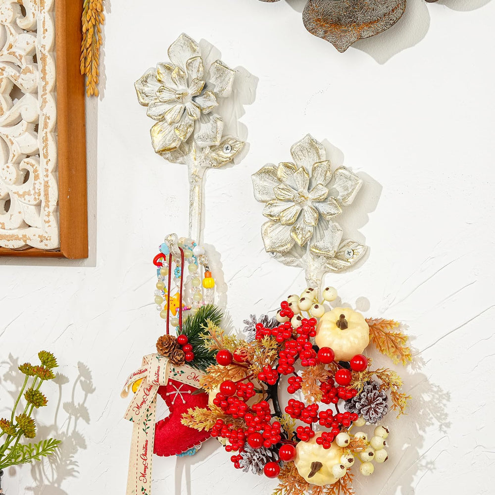 Sungmor 2 Pack Cast Iron Coat Hooks - Flower Shaped& Rustic White