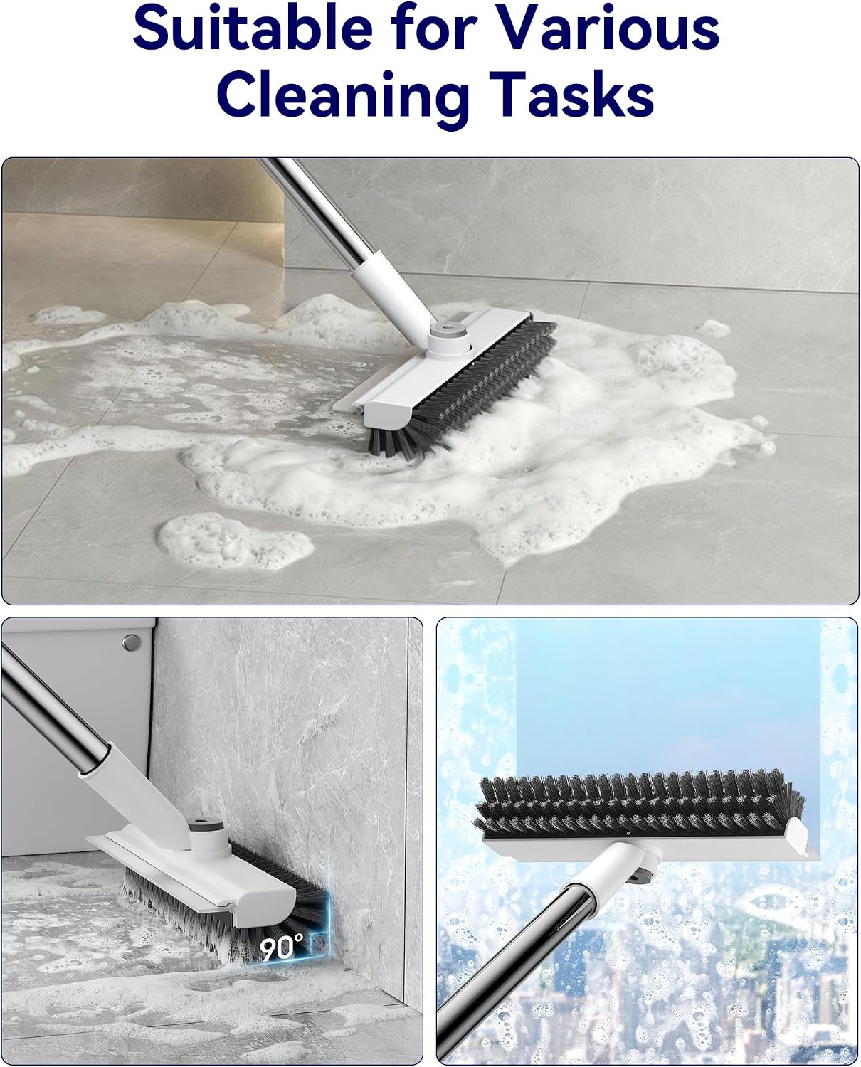 3 in 1 Adjustable Small Floor Scrub Brush with Long Handle | 360 rotating head Right-angle Heavy-Duty Stiff Bristle with Squeegee and Tweezer for Cleaning Bathroom Tile Patio and Kitchen