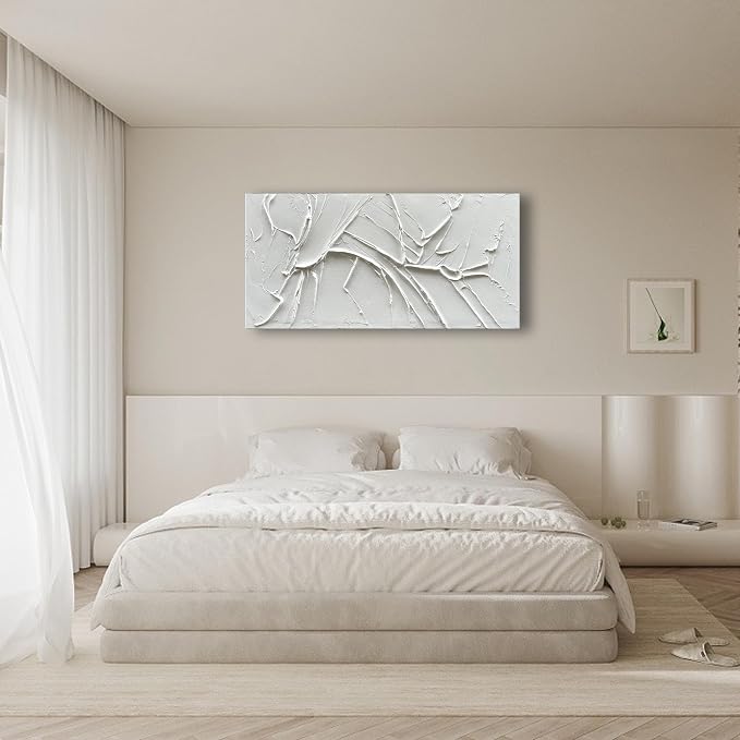 NANKAI Hand-Painted Thick Texture White Minimalist Oil Painting 24x48 Inches - Image 5