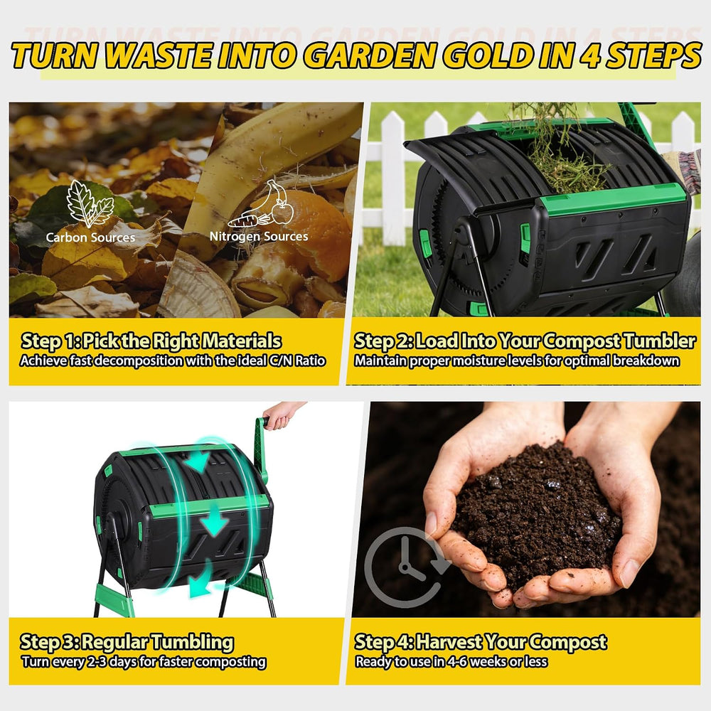 F2C 53Gal Dual Chamber Compost Tumbler, Octagonal Outdoor Compost Bin w/Therm...