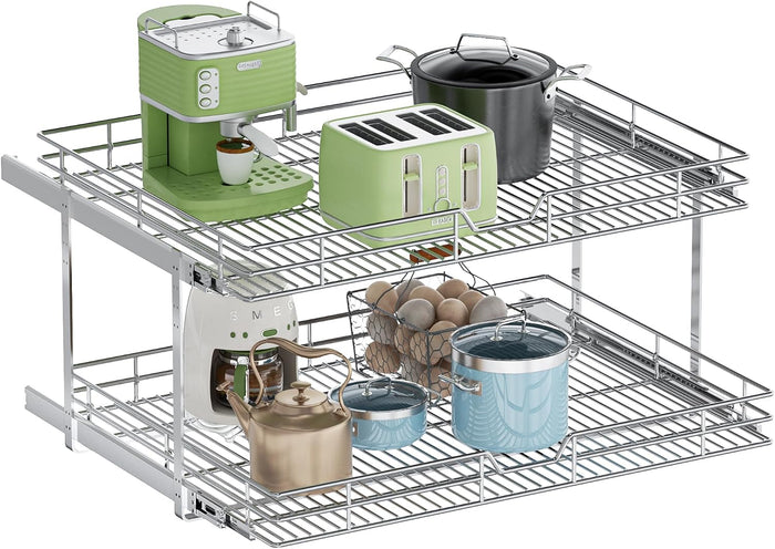 2-Tier Pull Out Cabinet Organizer, 27" W x 21.5" D, Heavy Duty Dual Slide Out Shelves for Wide Base Cabinets, Chrome Wire Basket Drawer for Pots, Pans, Pantry & Cleaning Supplies