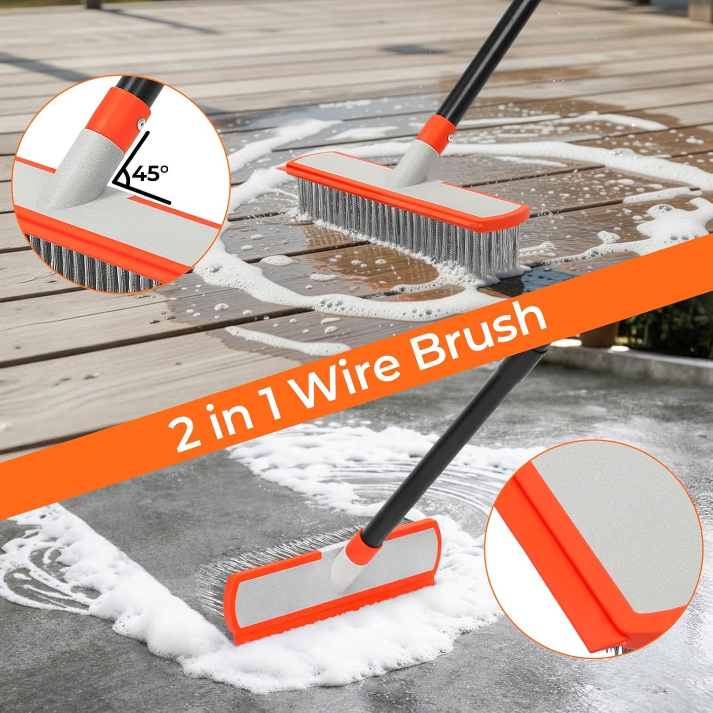 MAVRIZ Stainless Steel Concrete Brush with Long Handle - Heavy Duty Deck Brush for Concrete Cleaning, Outdoor Broom for Moss Removal, Wire Brushes for Scrubbing Patios, Driveways & Pools