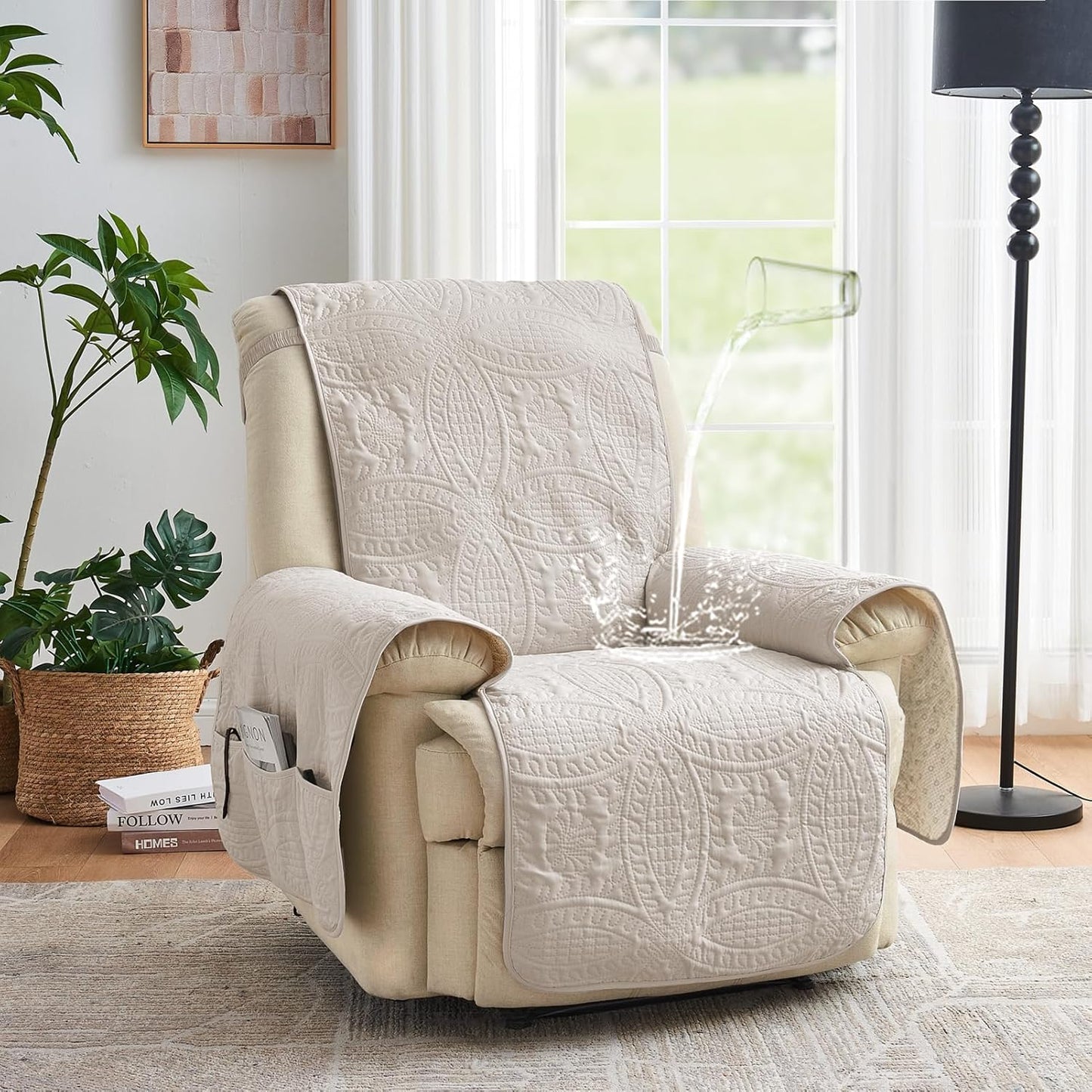 Beige Quilted Recliner Chair Covers, Water-Repellent Recliner Slipcovers, Lazy Boy Chair Covers, Pet Friendly Recliner Covers for Dog, Washable Armchair Protector (Recliner 22", Beige Cream)