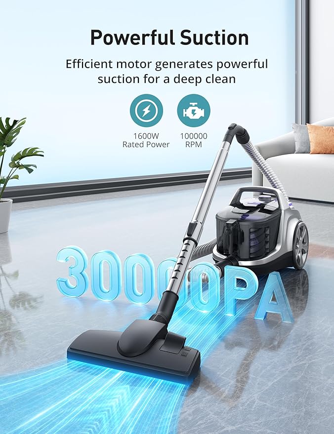 Aspiron Canister Vacuum, Upgraded 1600W Bagless Canister Vacuum Cleaner - Image 2