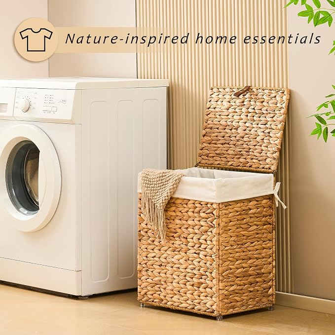 Handwoven Laundry Basket with Lid, Natural Water Hyacinth Storage Basket with - Image 4