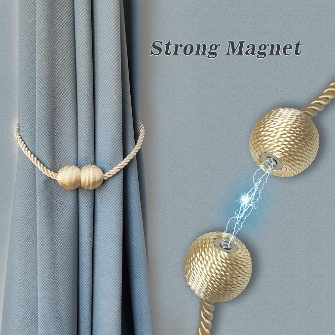 Hion Magnetic Curtain Tiebacks Beige 4 Pack, Curtain Tiebacks Buckles Holdbacks - Image 3