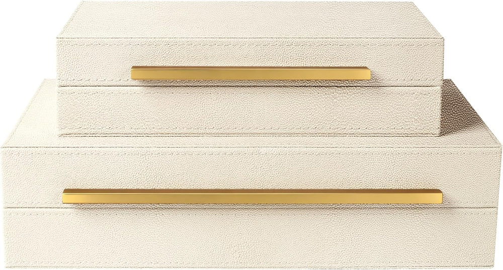 Sagala Set of 2 Beige Shagreen Decorative Boxes With Gold Metal Handles, Faux...