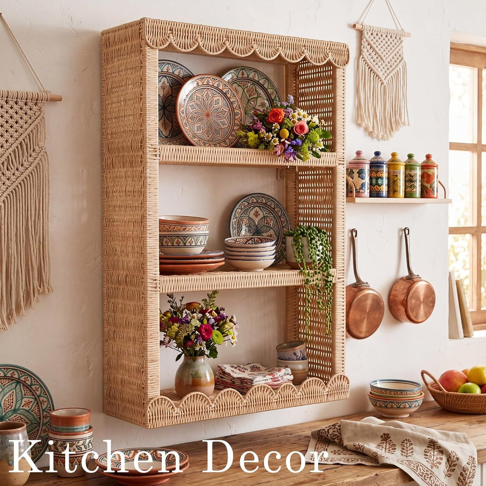 Pinkunn Scalloped Rattan Wall Hanging Storage Shelf Boho Wall Decor and Woven...