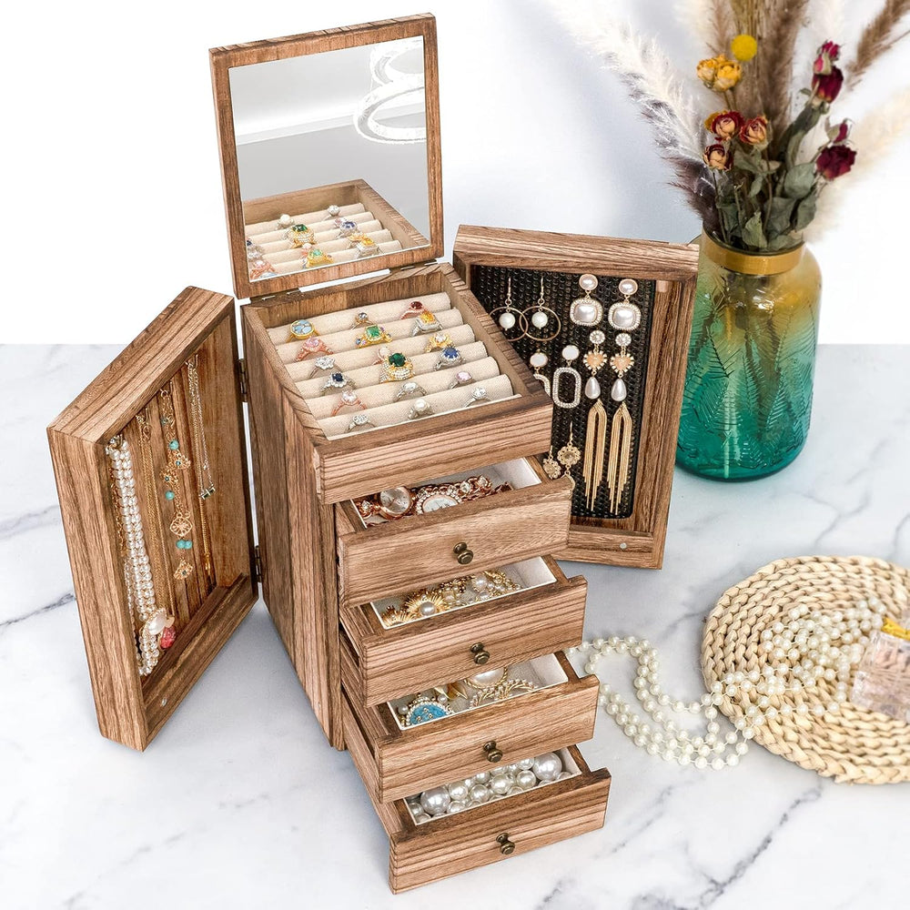 Meangood Jewelry Box Wood for Women, 5-Layer Large Organizer Box with Mirror ...