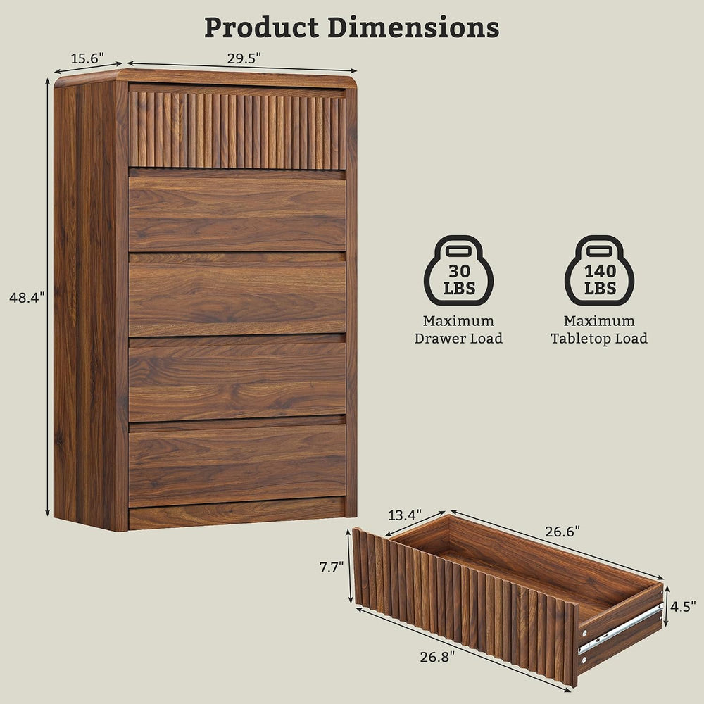 LYNSOM Walnut Fluted 5 Drawer Dresser for Bedroom, Curved Edge, 48" Tall