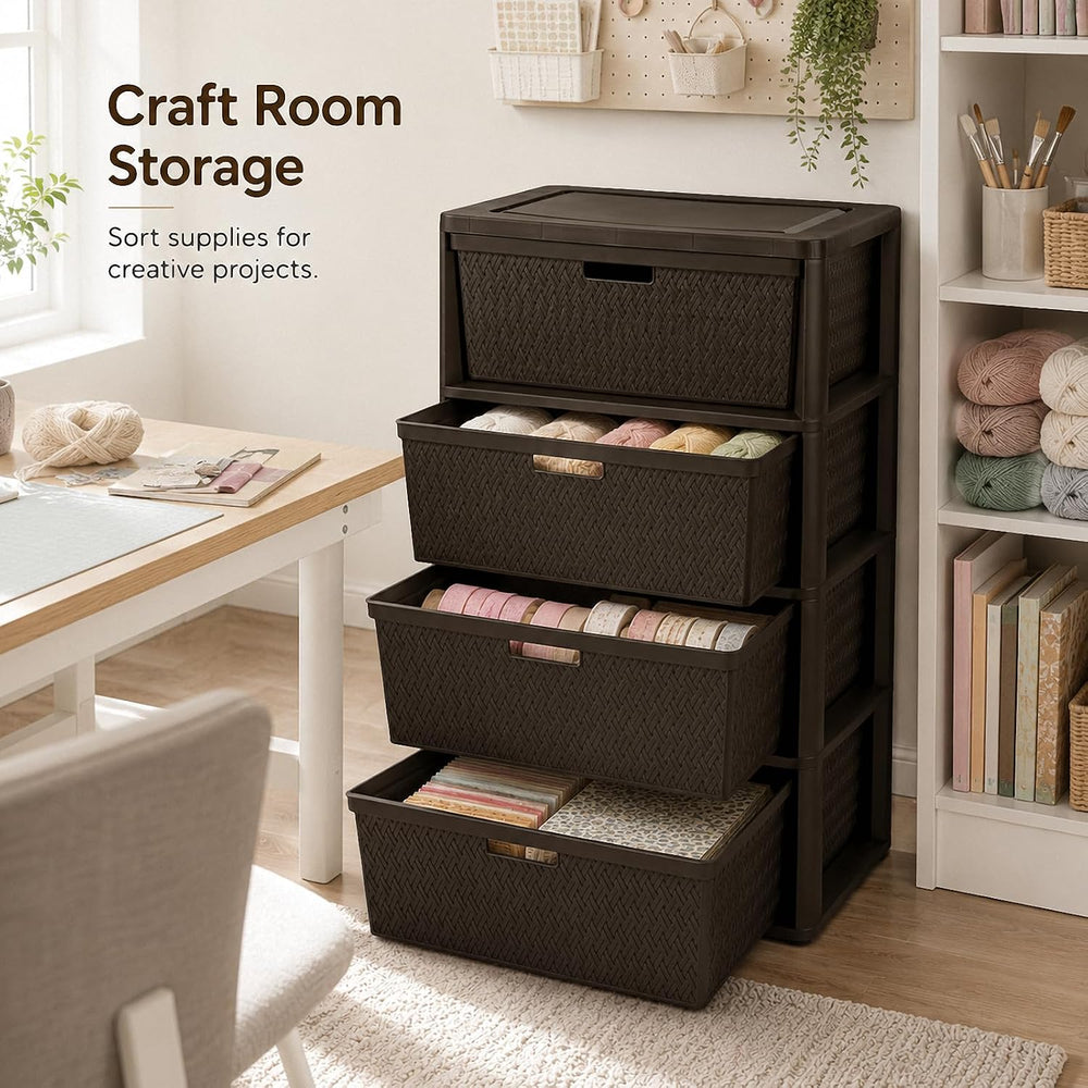 4-Drawer Plastic Storage Tower, Wide Bedroom Closet Storage Chest, Brown