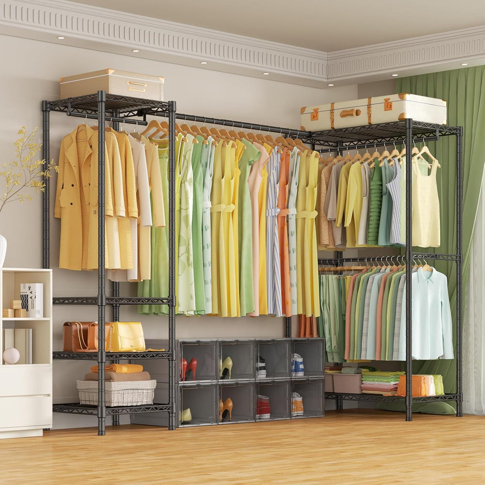 ULIFHOME E10L L-Shaped Clothes Rack for Corner（With Expandable Hanger Rod）Hea...