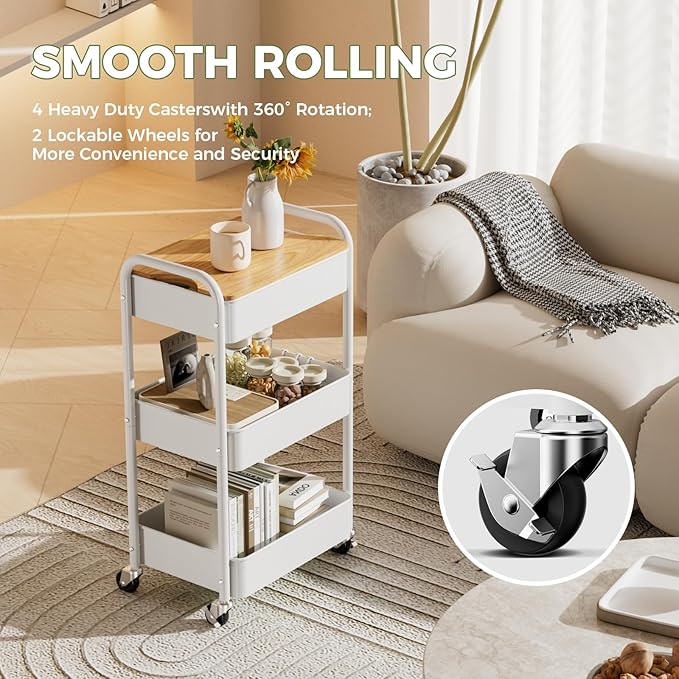 3 Tier Rolling Cart with Table top, Metal Rolling Utility Cart on Wheels - Image 5