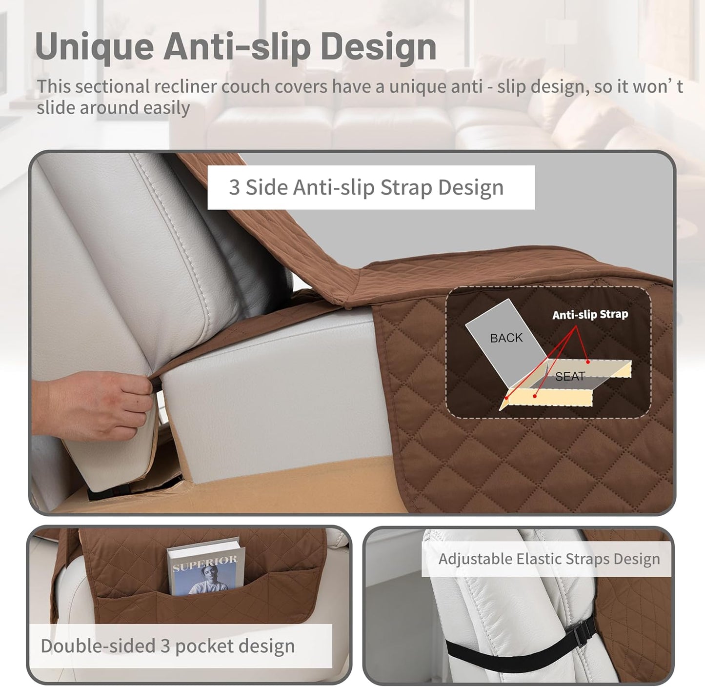 Waterproof Sectional Reclining Couch Covers L Shaped Recliner Sectional Sofa Cover 8 Piece Non Slip Washable Corner Recliner Slipcover Set for Pet Dog (5 Seater 1 Console Cover, Coffee)