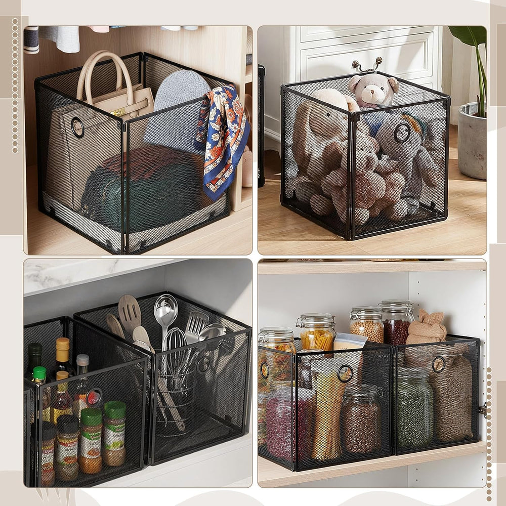 4 Pcs Foldable Metal Cube Storage Baskets, 13x13in, Black