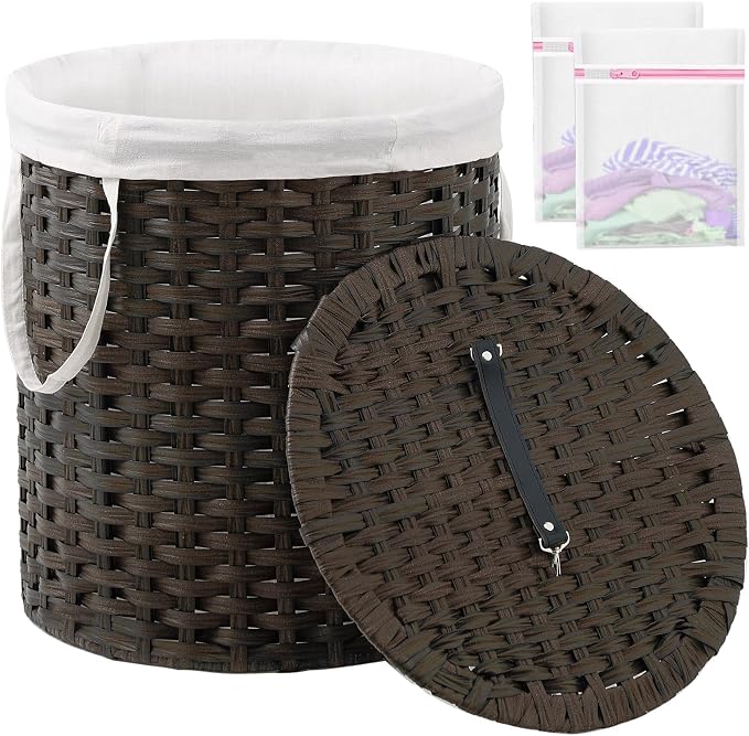 Laundry Hamper with Lid Wicker Laundry Hamper Round 26.5 Gal Laundry Basket by SETVSON