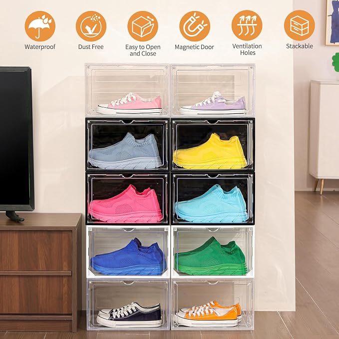12 Pack Black Shoe Boxes Stackable, Large Shoe Storage Organizer - Image 5