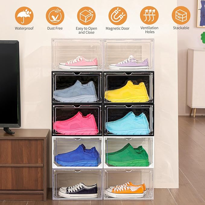 12 Pack White Shoe Boxes Stackable, Large Shoe Storage Organizer - Image 5