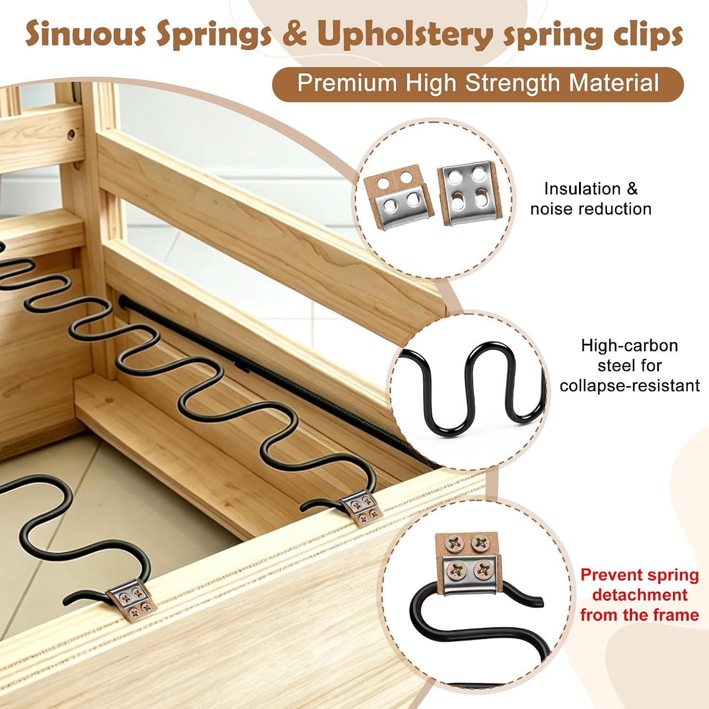 Couch Spring Repair Kit to Fix Sofa Support for Sagging Cushions - Includes 4pk of Springs, Upholstery Spring Clips, Seat Stay Wire, Screws-Sofa Upholstery Replacement Kit