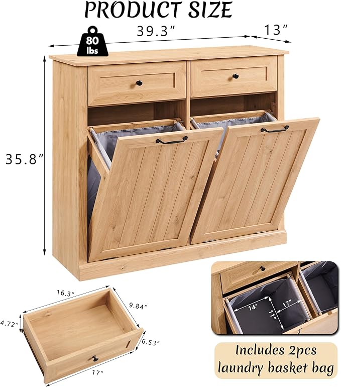 Double Tilt Out Laundry Hamper Cabinet, 20 Gallon Farmhouse Trash Can Cabinet - Image 2