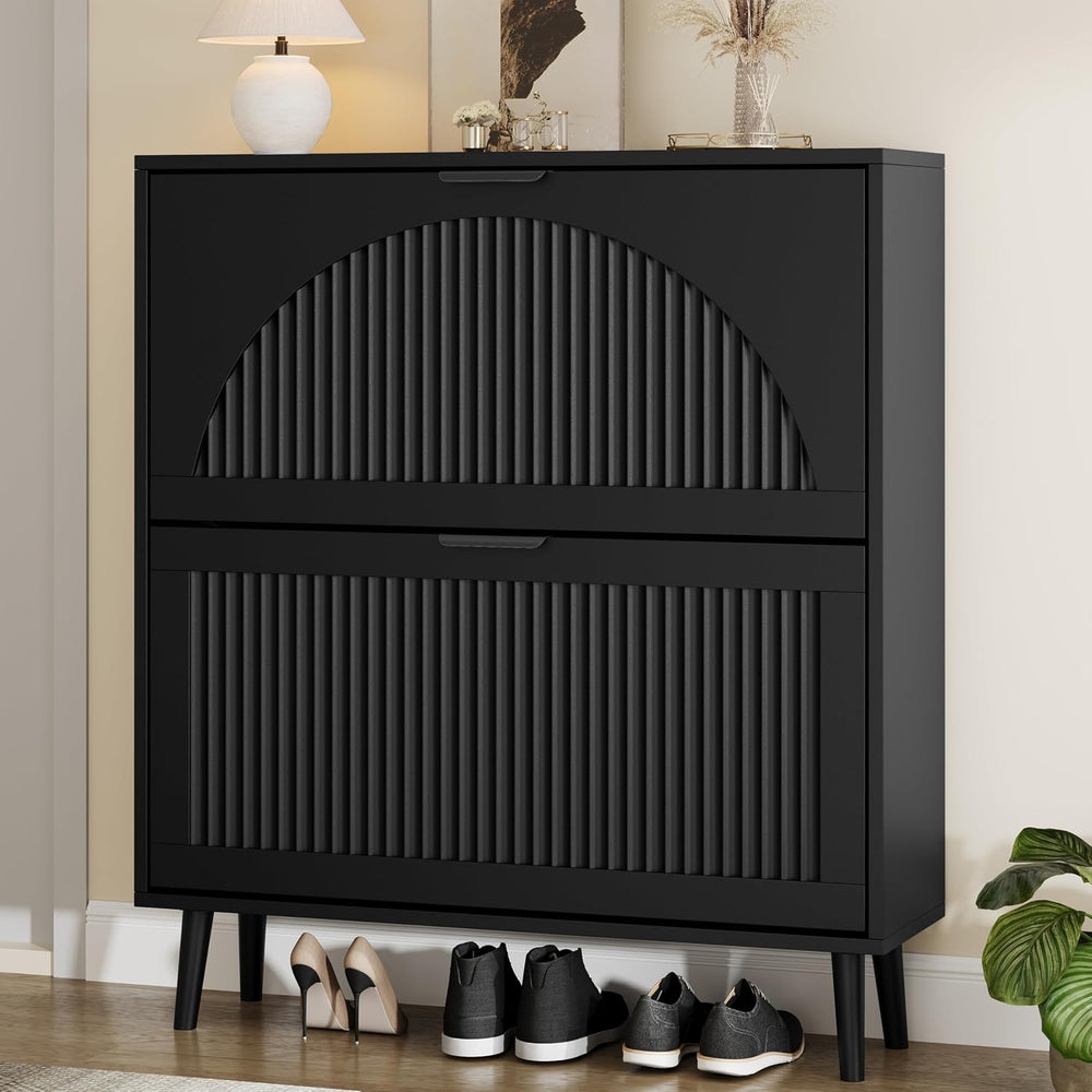 Shoe Storage Cabinet with 2 Flip Drawers, Narrow Wood Shoe Organizer Cabinet ...