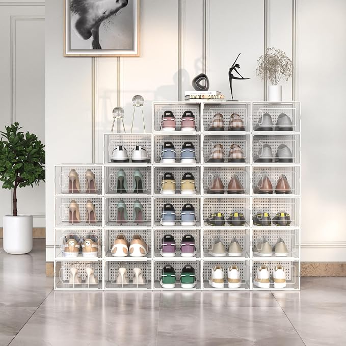 12 Pack X-Large Modular Clear Plastic Stackable Shoe Storage Organizer - Image 2