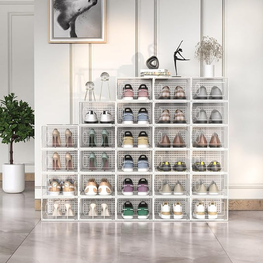 12 Pack Large Modular Clear Plastic Stackable Shoe Storage Organizer - Image 2