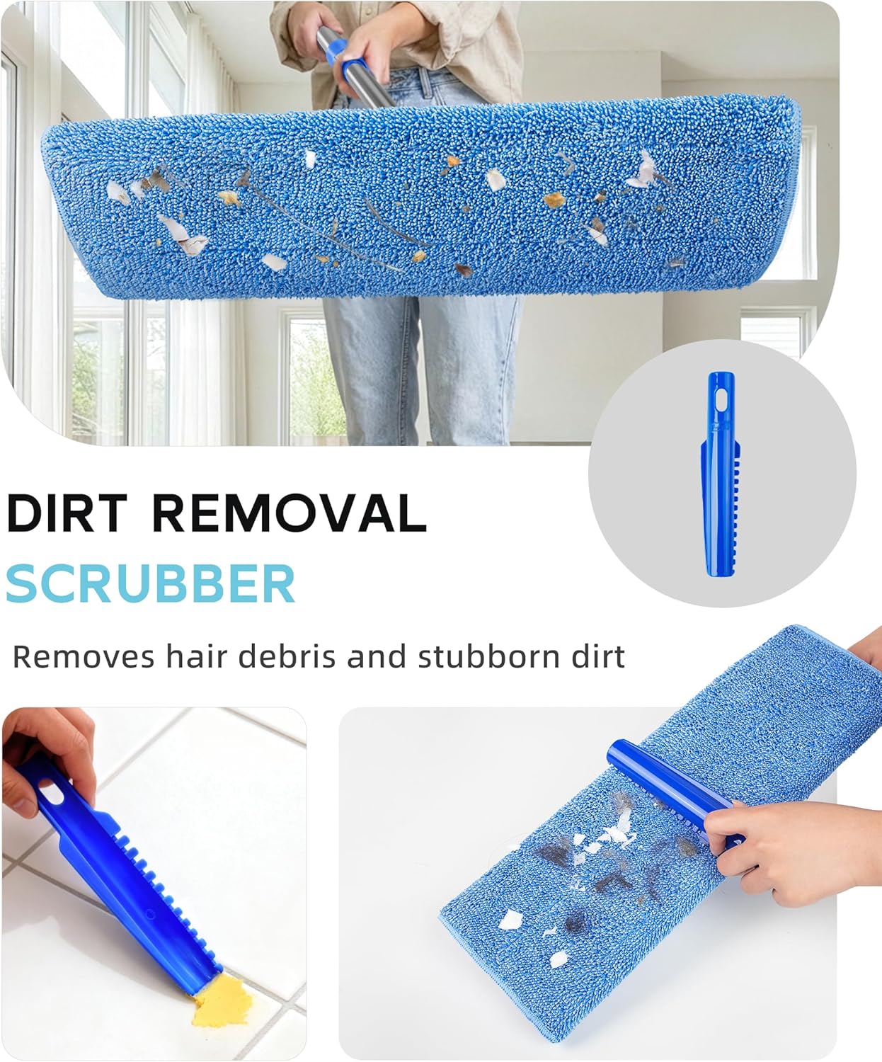MR.SIGA Professional Microfiber Mop for Hardwood, Laminate, Tile Floor Cleaning, Stainless Steel Telescopic Handle - 3 Reusable Flat Mop Refills and 1 Dirt Removal Scrubber Included