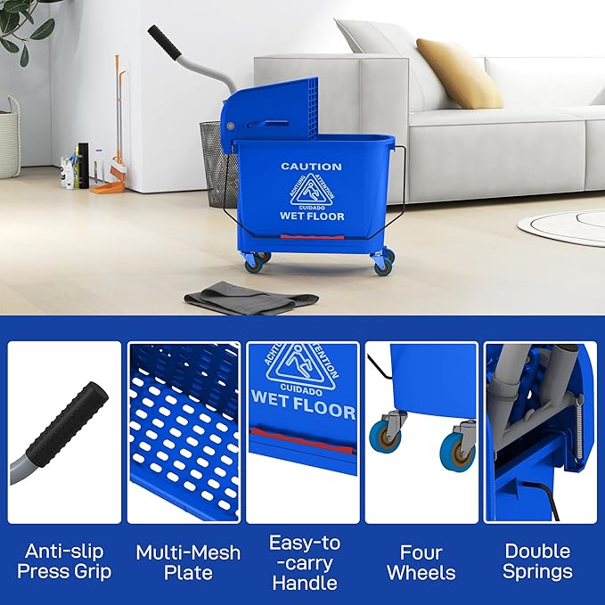 HOMCOM Compact Mop Bucket with Wringer on Wheels - Image 8