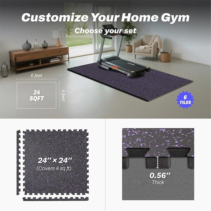 AIRHOP 0.56in Thick 24 Sq Ft Exercise Equipment Mats, 6 Tiles Upgraded Rubber - Image 4