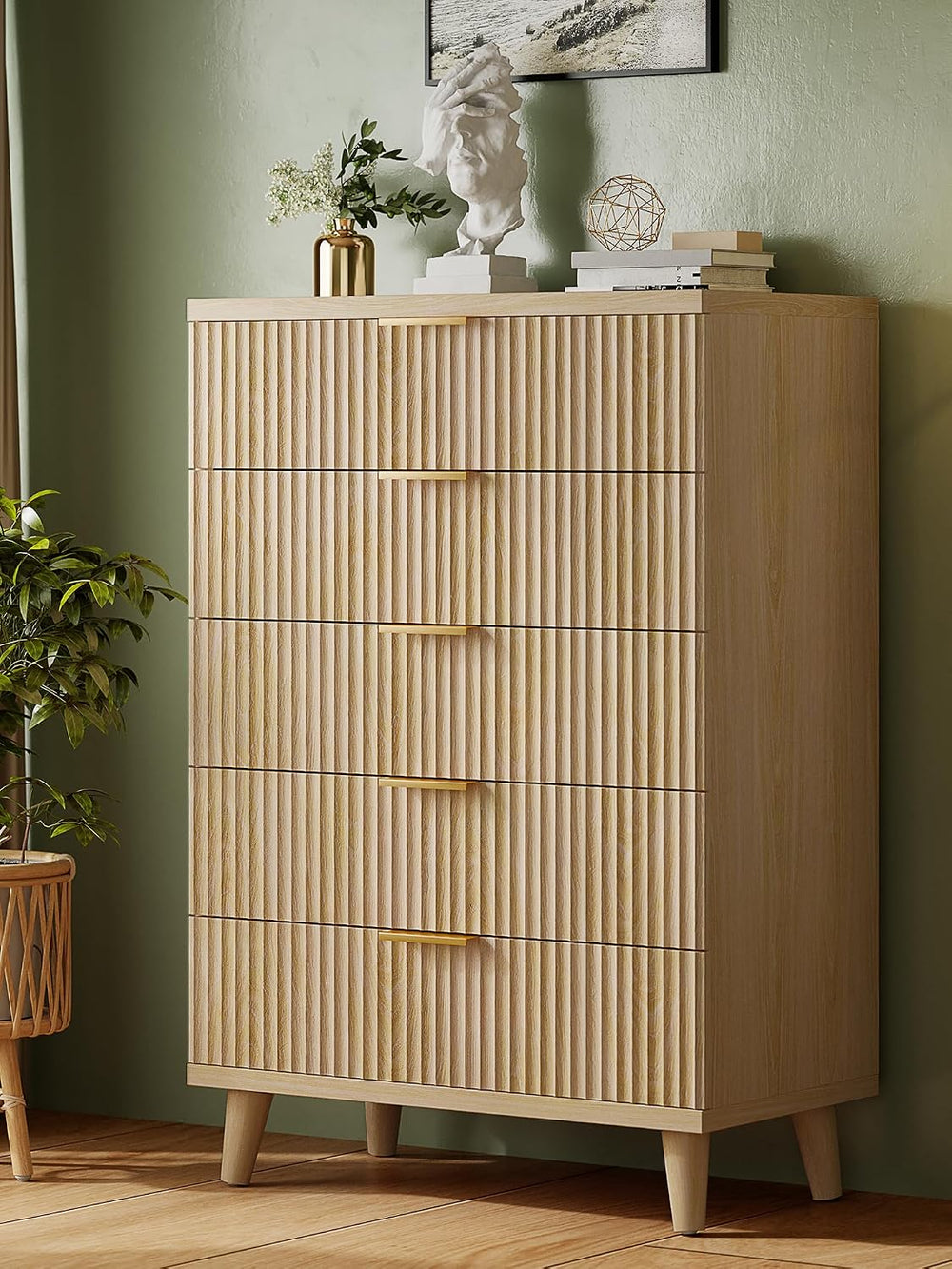 Wood Tall 5 Drawers Dresser, 27.6" W Fluted Modern Dressers for Bedroom