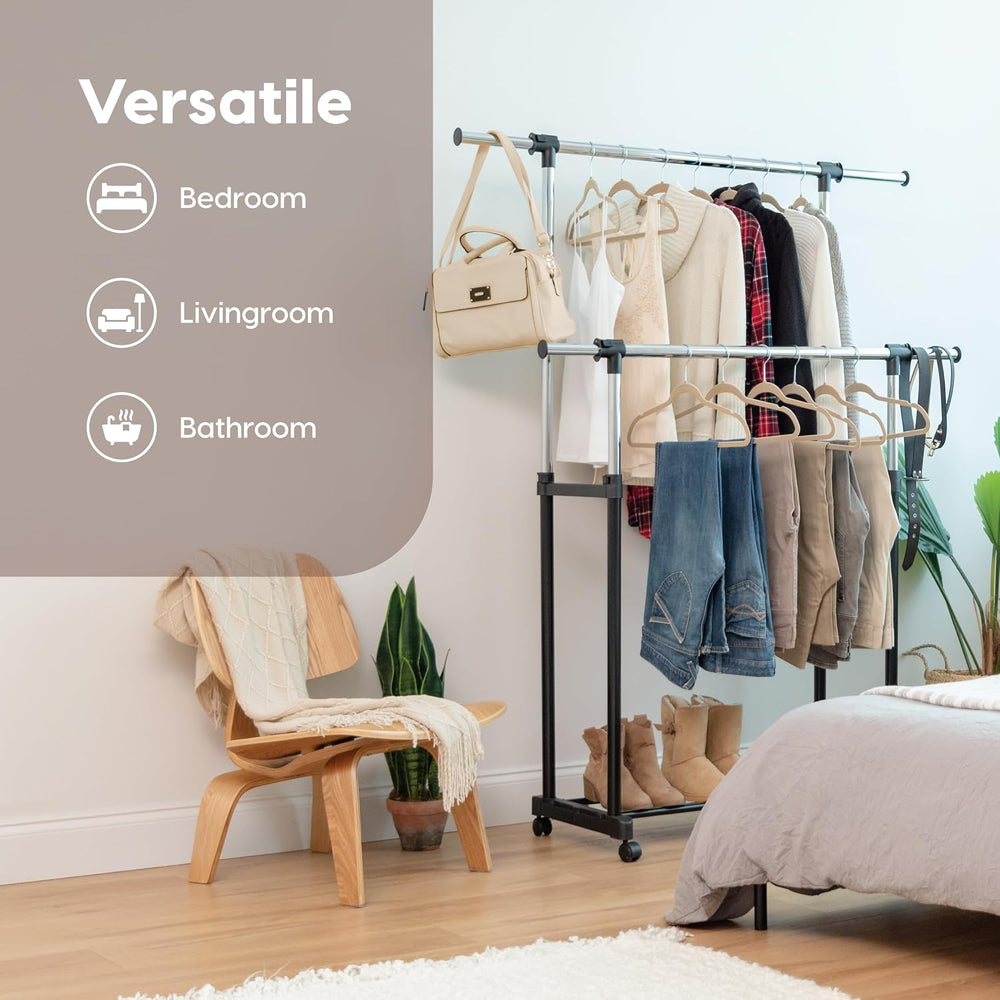 IRIS USA Portable Double-Rod Height Adjustable Clothes Rack with Extendable B...