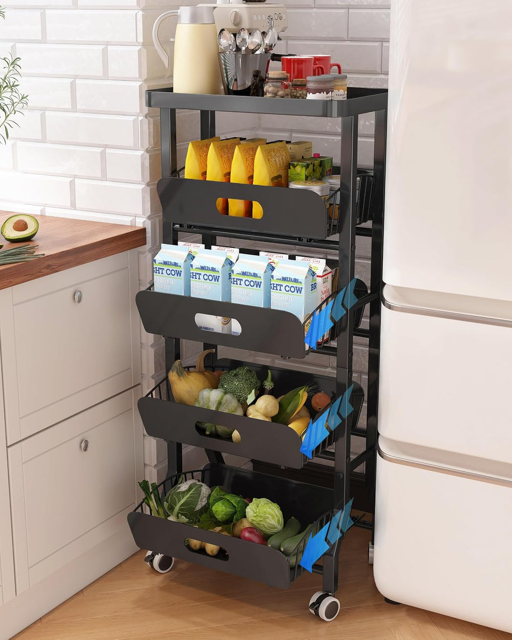 5-Tier Kitchen Storage Rolling Cart with 4 Drawers & Wheels,Black